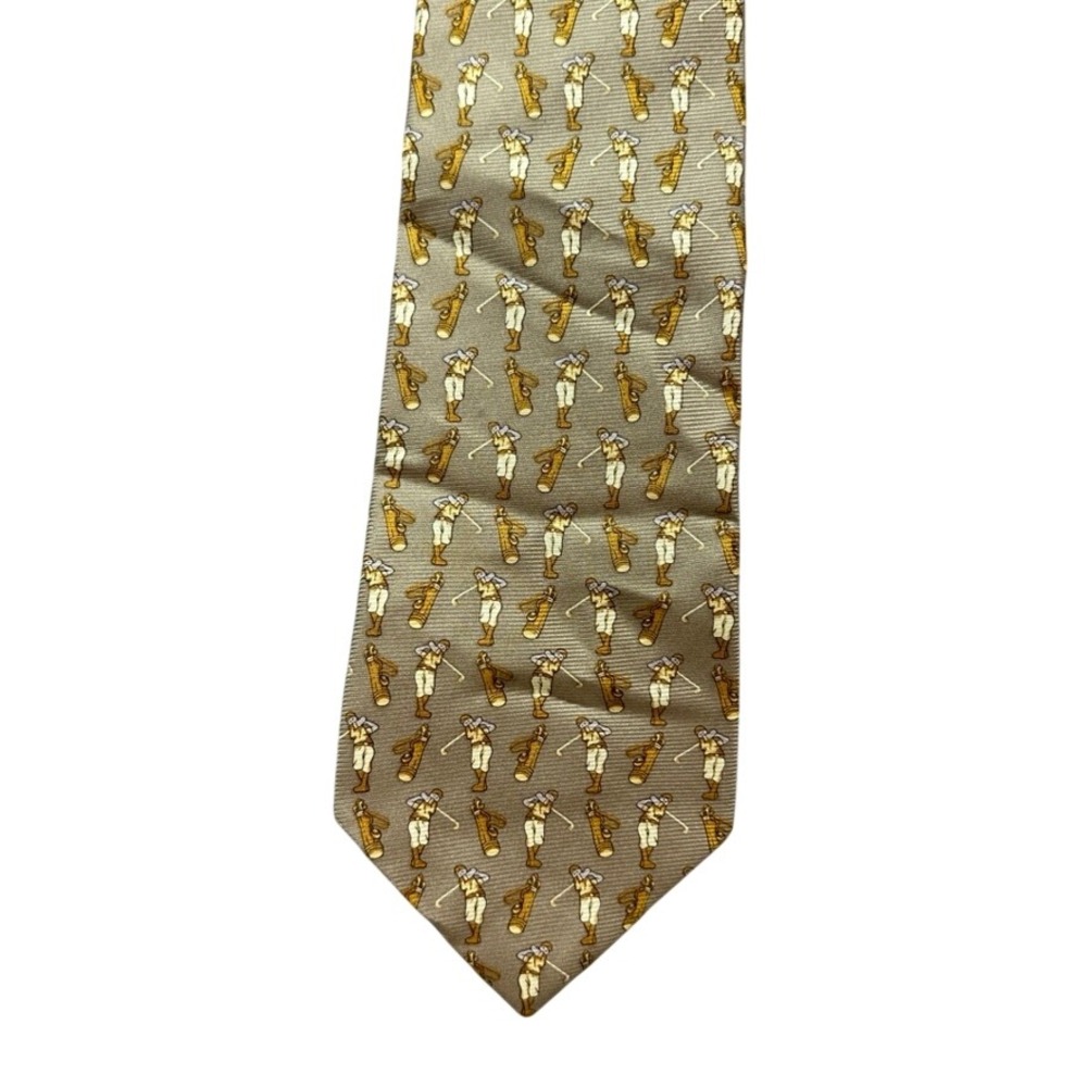 Bijoux Terner Mens Silk Tie Tan Gold Vintage Golf Golfer Pattern Handmade 58in